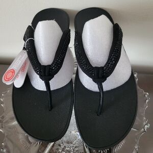 New Womens Fit Flop "Crystal Swirl" All Black Suede Thong Sandal US 8/EU 39.
